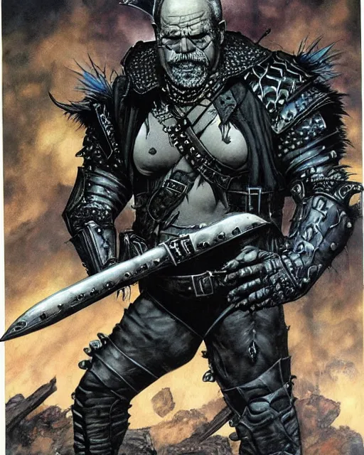 Image similar to portrait of a skinny punk goth wilford brimley wearing armor by simon bisley, john blance, frank frazetta, fantasy, thief warrior