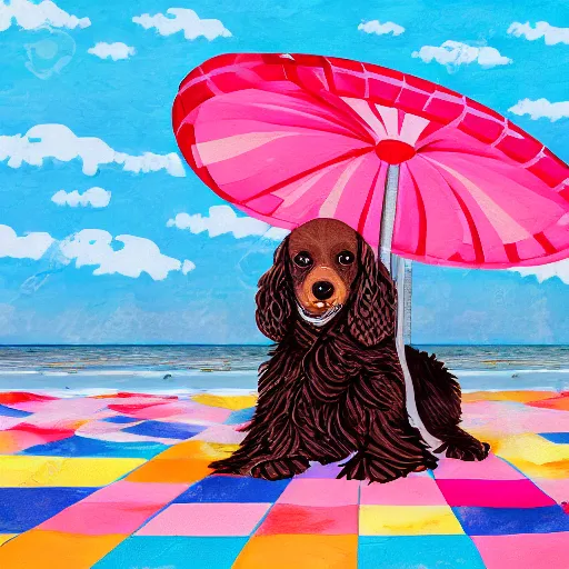 Image similar to cute brown spaniel by the seaside, parasols, bright towels, geometric, pop, bright, artwork