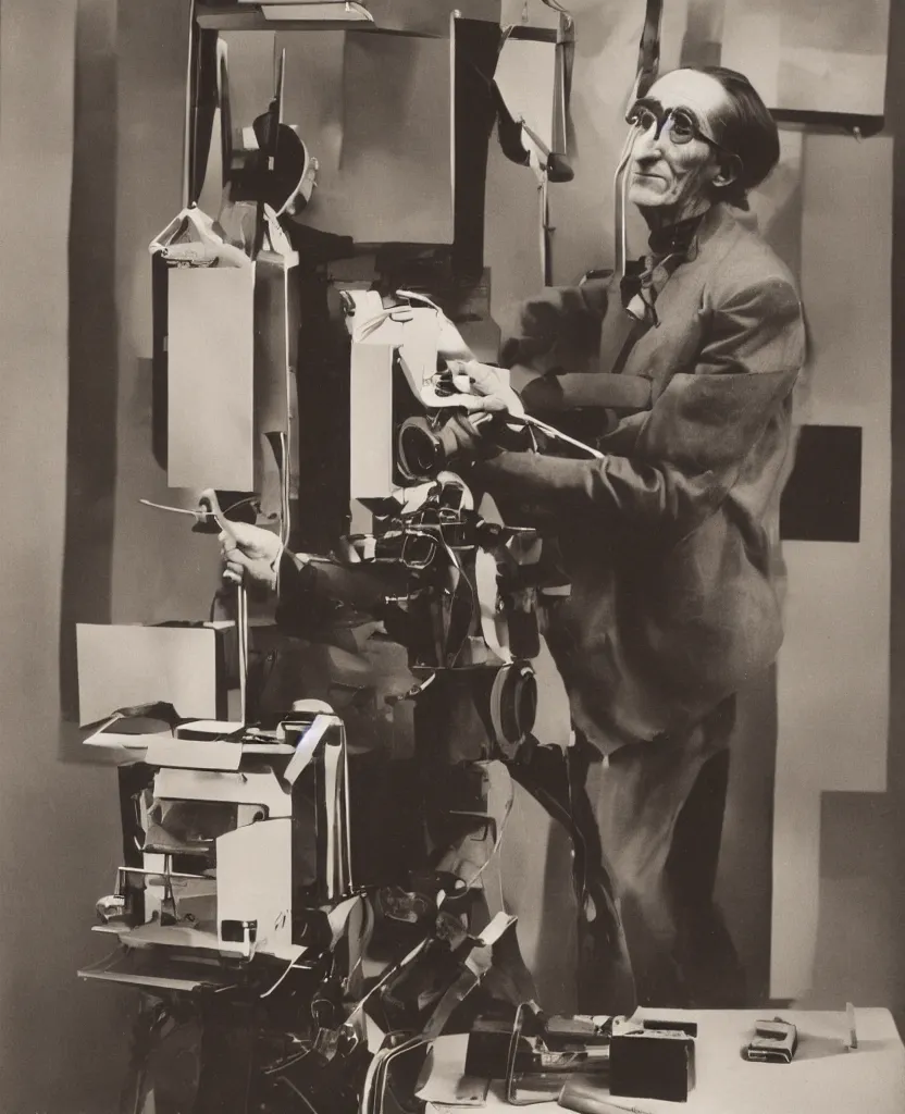 Prompt: Kodachrome portrait of Marcel Duchamp with a technological machine, archival pigment print in the style of Gerhardt Richter, studio shooting, contemporary art