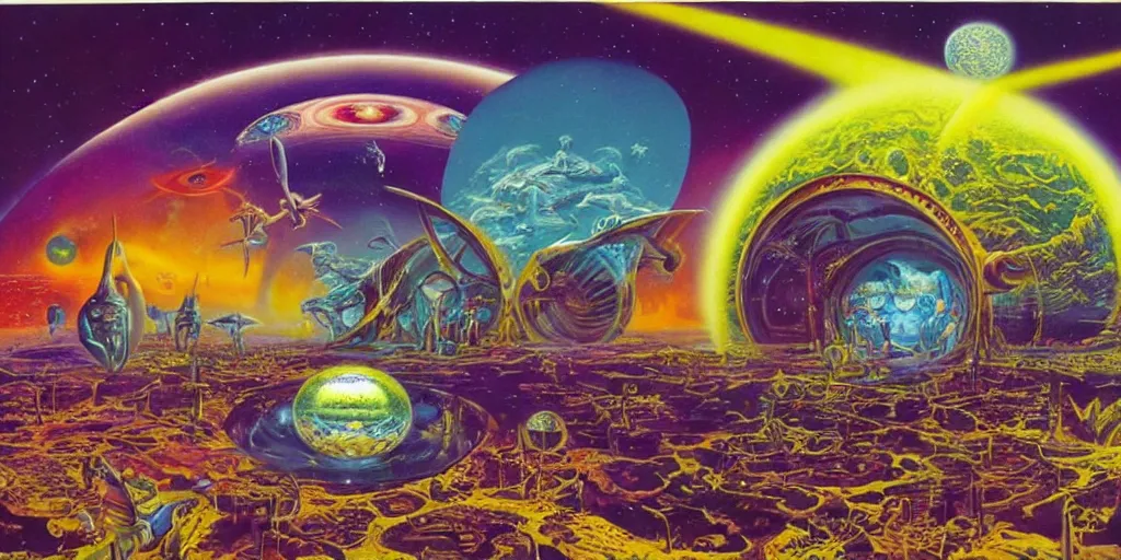 Image similar to Intergalactic dreams by Alex Grey, Paul Lehr, Ron Walotsky, Bruce Pennington and James Gurney