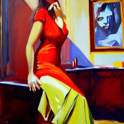 Prompt: an oil on canvas painting of a beautiful feminine woman from the 90's, red dress, leaning against the wall, 90's living room, figurative art, old computers, CRT screens, fine art, studio portrait, detailed, deviantart, cgsociety, chiaroscuro, acrylic art, by Elmer Bischoff, by Michael Garmash, by Edward Hopper