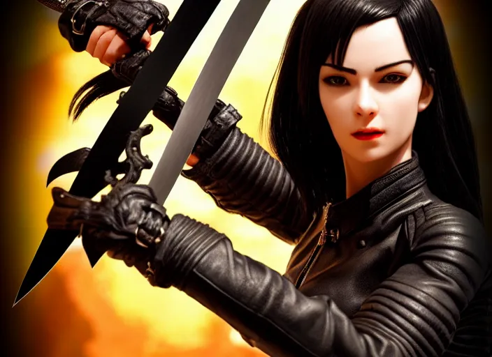 Image similar to black haired woman in a leather jacket, a sword fight, action pose, movie scene, highly detailed, intricate, face enhance, long sharp intricate sword, trending on artstation, action pose