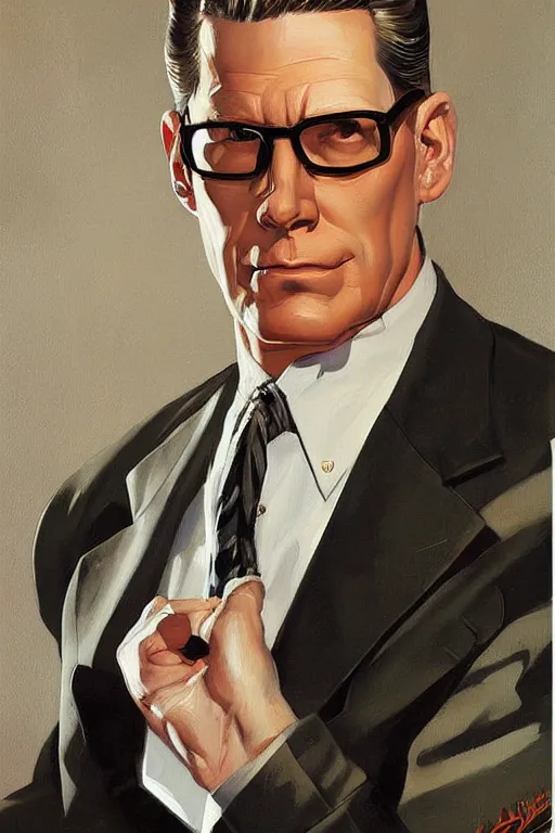 Image similar to hank hill painting by jc leyendecker!! phil hale!, angular, brush strokes, painterly, vintage, crisp