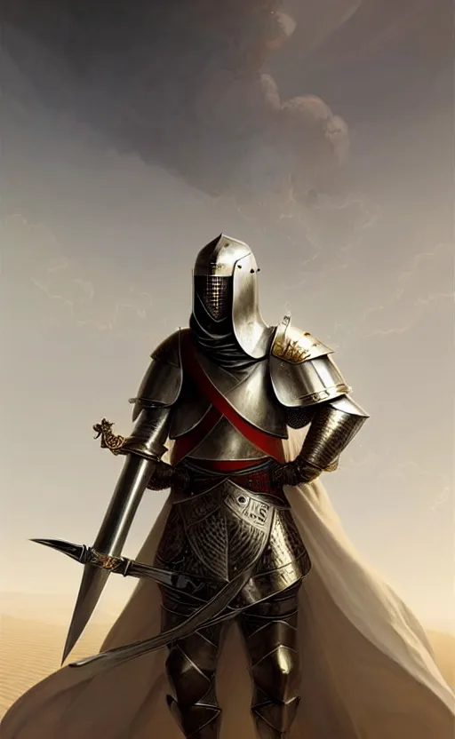 Image similar to white man looking forward in decorated plate armor, cylindrical crusader great helm covering all his head and white silk cape covering his elbows holding golden cross shaped heavy sword in the desert drawn by greg rutkowski realistic high detail