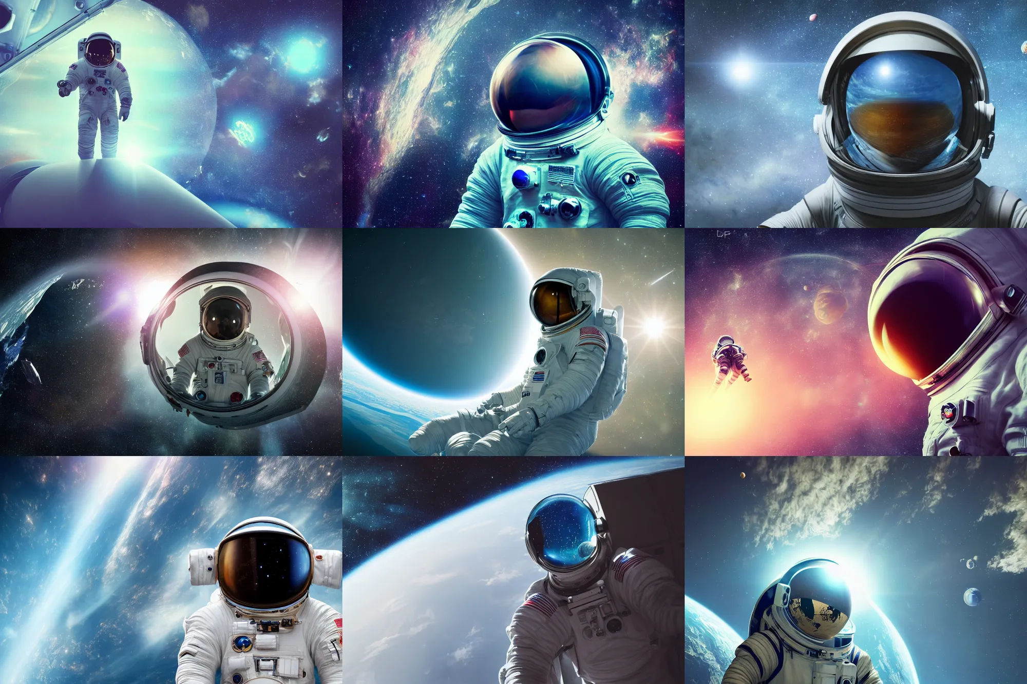 Prompt: a photograph of an astronaut floating in space with reflection of an earth like planet visible in space helmet, science fiction, brilliant reflections, detailed space suit, cinematic, hypermaximalist, detailed, 4 k, 8 k, breathtaking stars, surrealism, distant, concept art, digital art, sharp focus, reflections, rtx, octane render, acid pixie, trending on deviantart