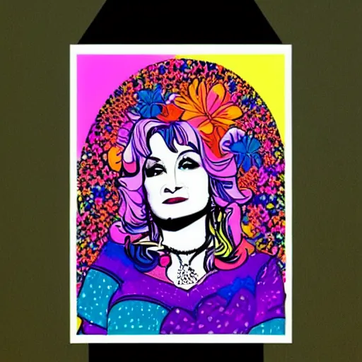 Image similar to psychedelic floral poster with Dolly Parton’s face