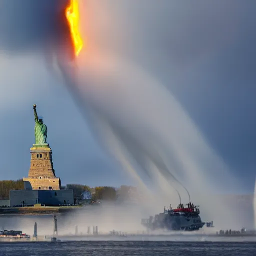 Prompt: disaster photography, of giant zeppelin crashing in to the statue of liberty, full color, insane explosion, 8k, hd, high resolution