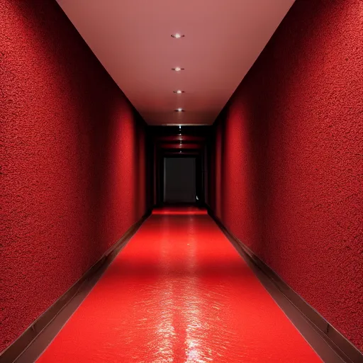 Prompt: minimalist hallway full of red hazmats, unknown location, clean, stucco walls, shiny floors, cinematic