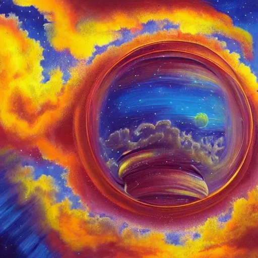 Prompt: painting of a space time portal, surreal, beautiful clouds