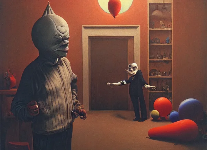 Prompt: A grumpy man in a clown mask with a knife in his hands stands in a toy store and buys a black inflatable balloon, highly detailed, soft lighting, elegant, Wayne Barlowe, Edward Hopper and James Gilleard, Zdzislaw Beksinski, Steven Outram, highly detailed