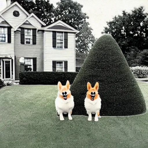 Prompt: corgi topiary in front of a suburban home, beautiful vintage photograph, inspired by david lynch