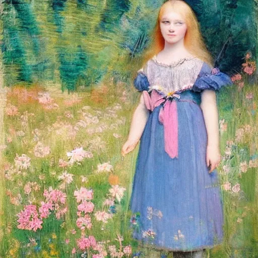Image similar to A experimental art of a young girl with blonde hair, blue eyes, and a pink dress. She is standing in a meadow with flowers and trees. costume by Tom Roberts placid