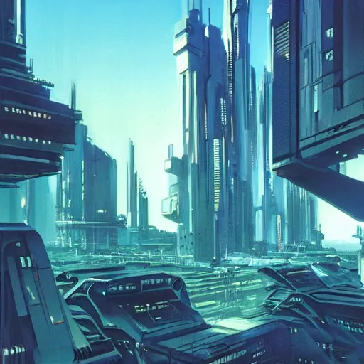 Prompt: distant view of a futuristic cyberpunk city, daylight, blue sky, cinematic lighting, blue sky, syd mead, john harris