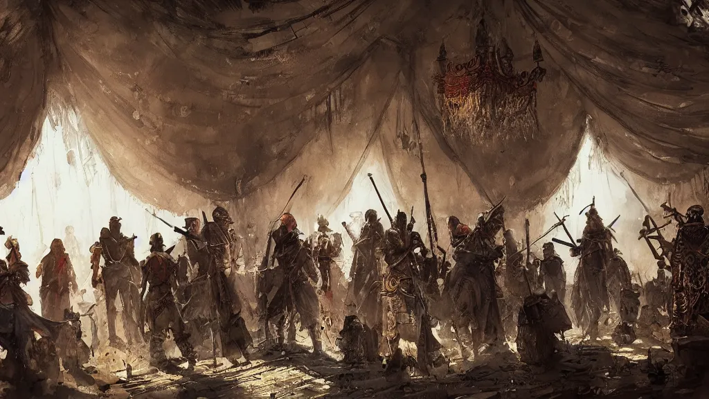 Image similar to armed group of turkic people talking inside of an ornate tent, papyrus, dark colors, watercolored, jakub rozalski, dieselpunk, artstation