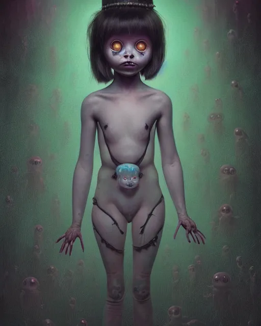 Image similar to one singular portrait of a cute bioluminescent creepy doll, post grunge, highly detailed, digital painting, cinematic, hyper realism, dark retrowave, art by mark ryden and pixar and artgerm and magali villeneuve and alphonse mucha, artstation, octane render, cgsociety