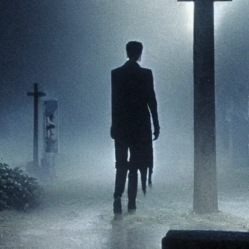 Image similar to a skeleton walking in a cemetery. still from blade runner.