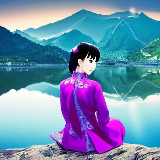 Image similar to elegant chinese princess with purple eyes, sitting by a lake, mountains in background, anime style, award winning art