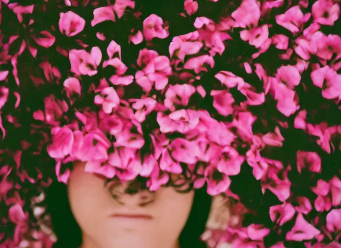 Image similar to photography, close-up of the back of a woman\'s head with interwoven flowers in center against a pink wall, daylight, 35mm