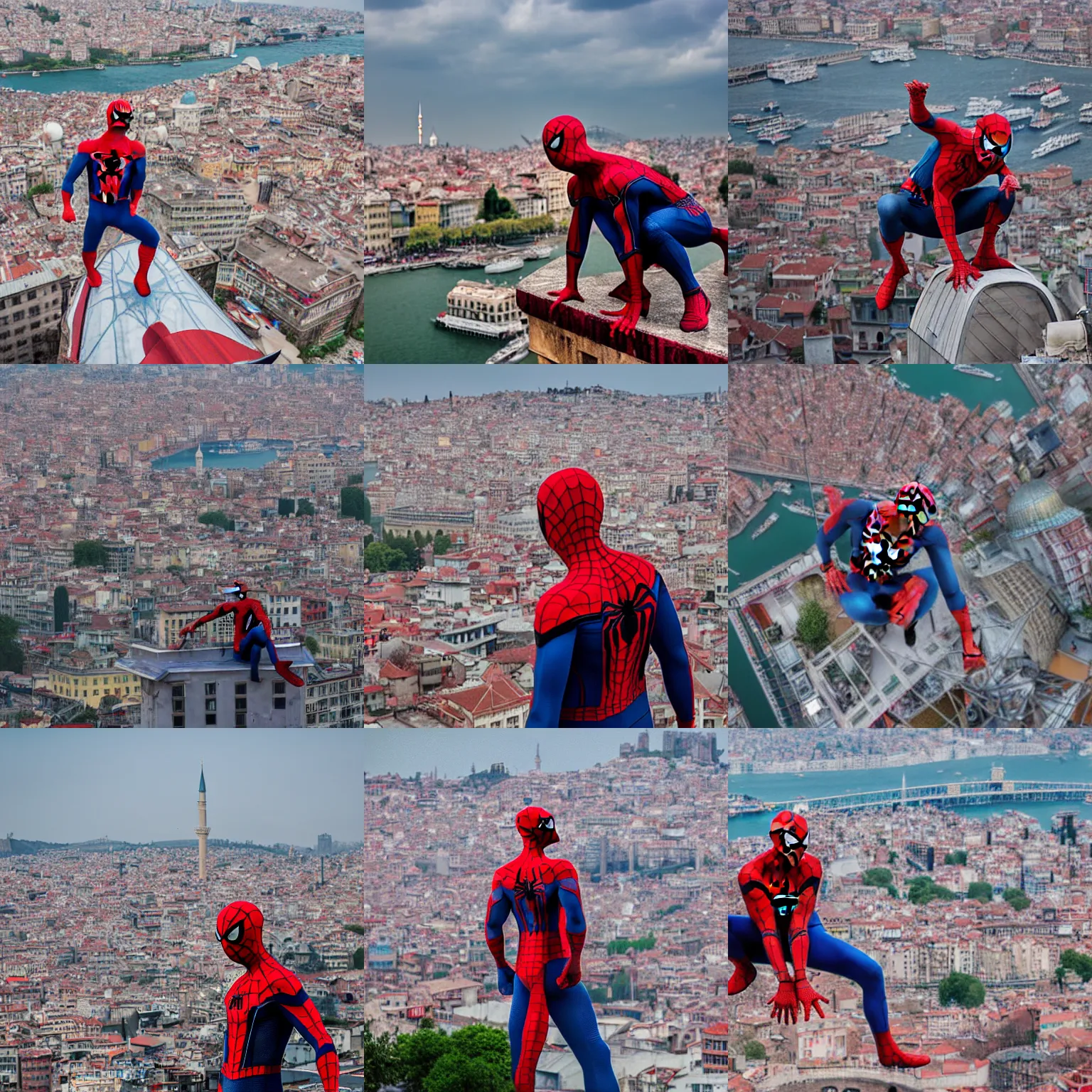 Image similar to Spider-man on top of the Galata Tower in Istanbul, photorealistic, 4K, 200mm lens