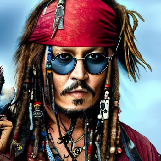 Image similar to johnny depp as jack sparrow with a parrot on the shoulder, realistic portrait, 8k resolution, hyper detailed, dramatic lighting, cinematic