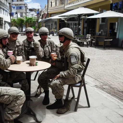 Prompt: a group of special forces soldiers sitting at the cafe and drinking coffee