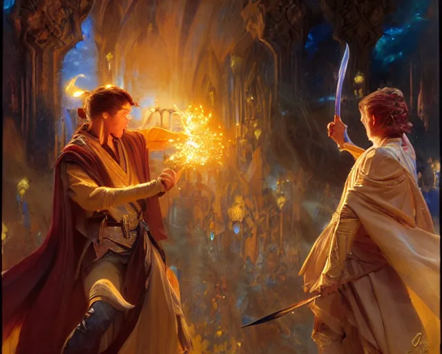 Prompt: attractive master wizard casting powerful spell in battle against another master wizard. highly detailed painting by gaston bussiere, craig mullins, j. c. leyendecker 8 k