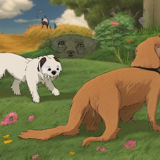 Image similar to dogs in landscape, art style hayao miyazaki, very high detail, 4 k
