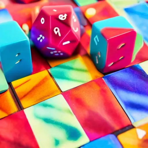 Prompt: gigantic dice with impossible geometry, colorful blurry background