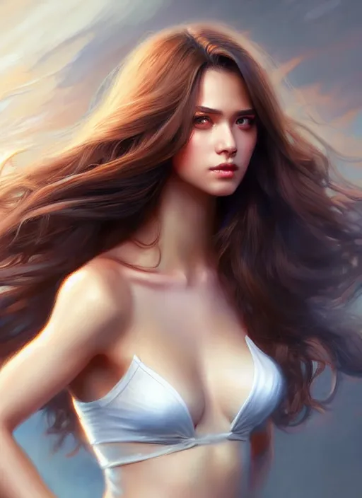 Image similar to a gorgeous female with long clean hair in the style of stefan kostic, realistic, full body shot, wide angle, sharp focus, 8 k high definition, insanely detailed, intricate, elegant, art by stanley lau and artgerm, floating embers