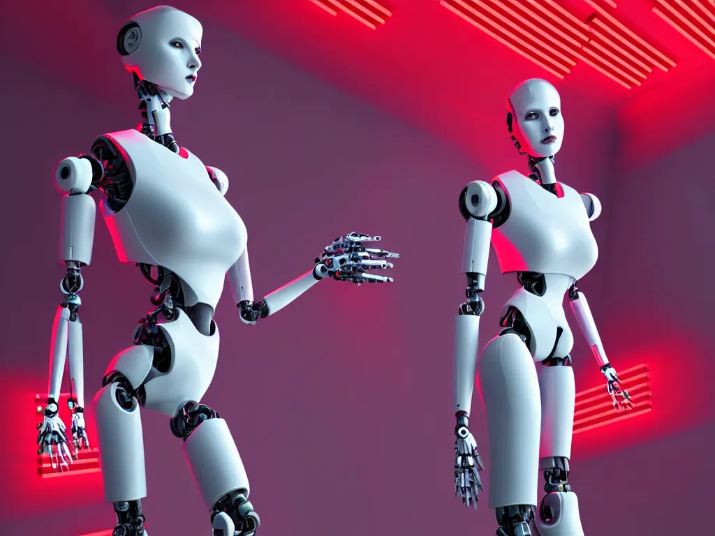 Image similar to beautiful tall female robot printed with red and black 3 d geometrical neon + guarding a wall of computers!!!!!!!!!! + flowering vaporwave orchids transcendent, clean linework, dramatic, finely detailed, 4 k, trending on artstation, photorealistic, award winning, volumetric lighting, octane render