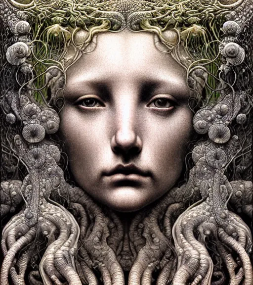 Image similar to detailed realistic beautiful rain goddess face portrait by jean delville, gustave dore, iris van herpen and marco mazzoni, art forms of nature by ernst haeckel, art nouveau, symbolist, visionary, gothic, neo - gothic, pre - raphaelite, fractal lace, intricate alien botanicals, ai biodiversity, surreality, hyperdetailed ultrasharp octane render