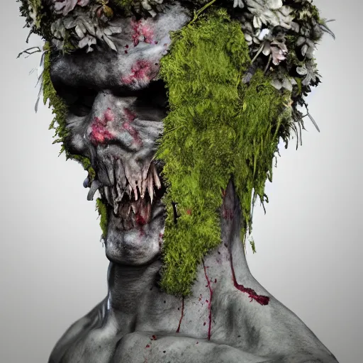 Prompt: a zombie made of driftwood, moss and flowers in New York, cinematic, photo realistic, concept art, well detailed, 8k,