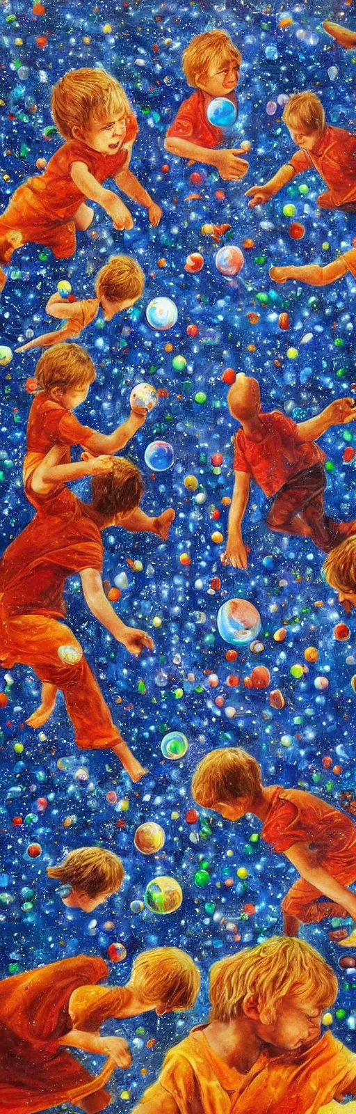 Image similar to Children playing marbles with the universe, detailed epic painting