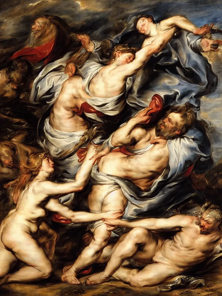 Image similar to a soldier lays his hand on top of the queens head, by peter paul rubens and eugene delacroix, intimate, relaxed posture, high definition, delicate, dimly lit, private moment