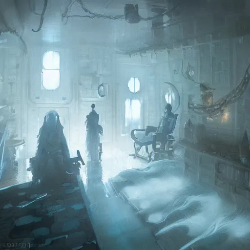Image similar to blue ghostly spirits floating in a ship cabin, fantasy, D&D, by Greg Rutkowski