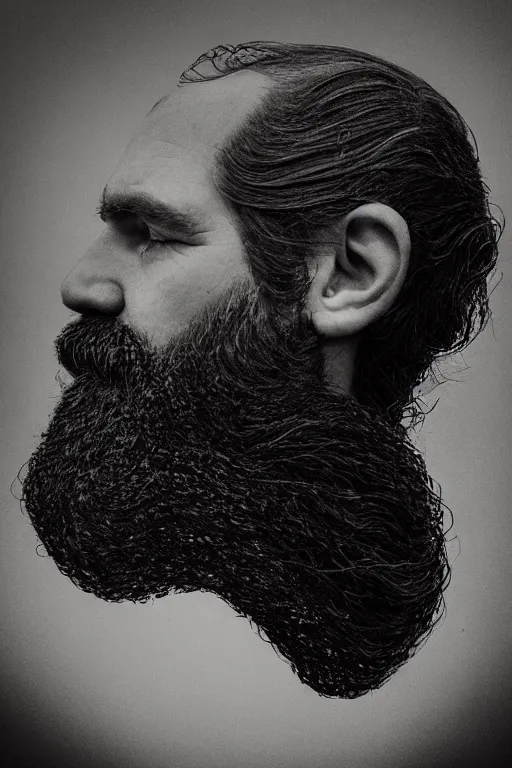 Prompt: a man's face in profile, long beard made of an enormous ocean wave, in the style of the Dutch masters and Gregory crewdson, dark and moody