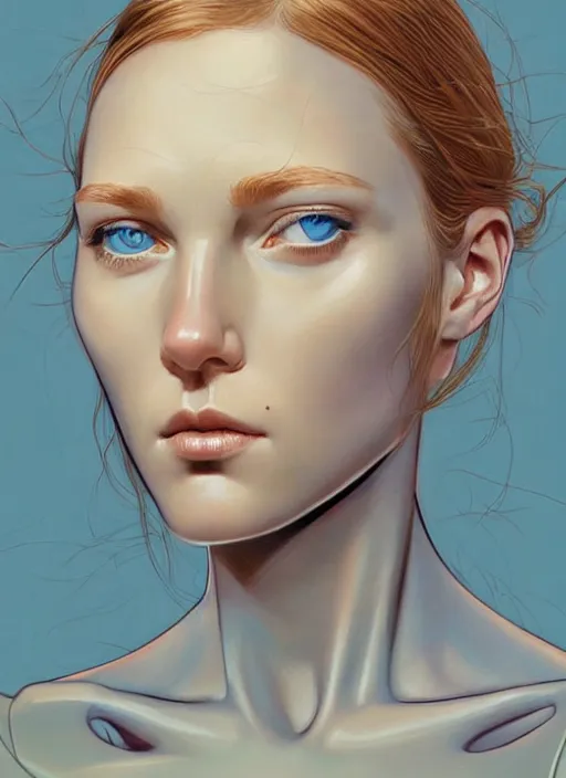 Image similar to a close up on the face of a beautiful woman in a future space suit; highly detailed; pretty blue eyes; pupils; artwork by james jean and Phil noto