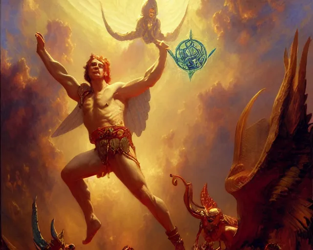 Image similar to attractive male deity, casting demonic magic, summoning handsome lucifer morning star. highly detailed painting by gaston bussiere, craig mullins, j. c. leyendecker 8 k