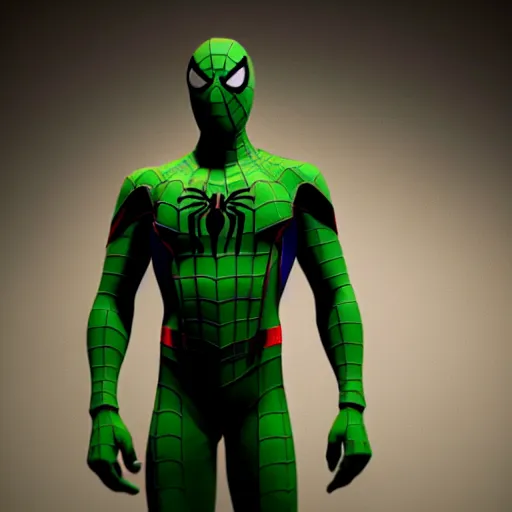 Image similar to still photo of green spider - man, highly detailed, photorealistic portrait, bright studio setting, studio lighting, crisp quality and light reflections, unreal engine 5 quality render