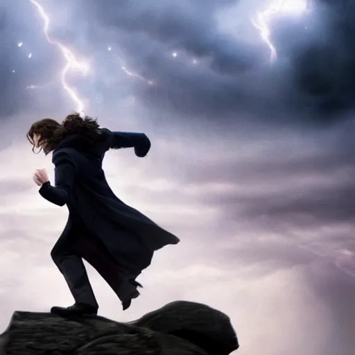 Prompt: Harry potter upright and levitating, back view, thunderclouds, cinematic shot, intricate detail and quality, movie still, nighttime, crescent moon, minor motion blur, action shot, photorealistic, intense scene, visually coherent, symmetry, rule of thirds, movement, vivid colors, award winning, directed by Steven Spielberg, Christopher Nolan, Tooth Wu, Asher Duran, Greg Rutkowski