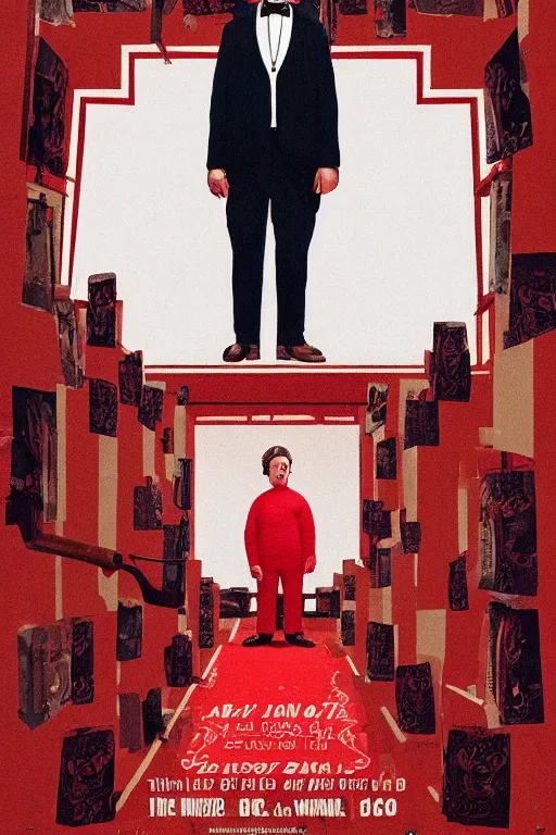 Image similar to a movie poster for the film the shining featuring a large portrait of jack nicholson's face and a fireaxe in the style of wes anderson's the grand budapest hotel.