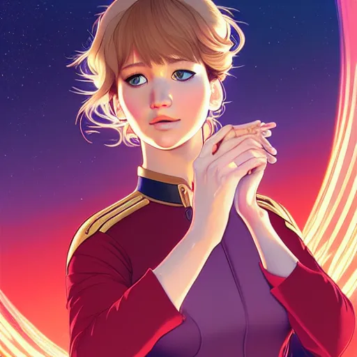 Prompt: jennifer lawrence, starfleet officer, kyoto animation still, finely illustrated face, intricately detailed features, digital painting, makoto shinkai, painted by ilya kuvshinov and katsura masakazu and alphonse mucha and satoshi kon