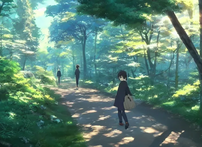 Image similar to going on a nature walk through the woods in Japan, anime scenery by Makoto Shinkai, wholesome and sunlit, discovery