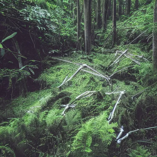 Image similar to A cinematographic 30mm shot of crashed white tesla cars resembling skeletons of whales outgrown by moss, vines and ferns, submerged in a lush and dense forest, dusk light filtering from the trees below. The scene is apocalyptic, eerie but serene, volumetric, 8k, high resolution