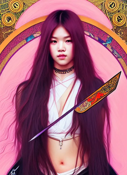 Prompt: jossi of blackpink, samurai, tarot card, highly detailed, digital painting, smooth, sharp focus, illustration, ultra realistic, 8 k, art by artgerm and alphonse mucha