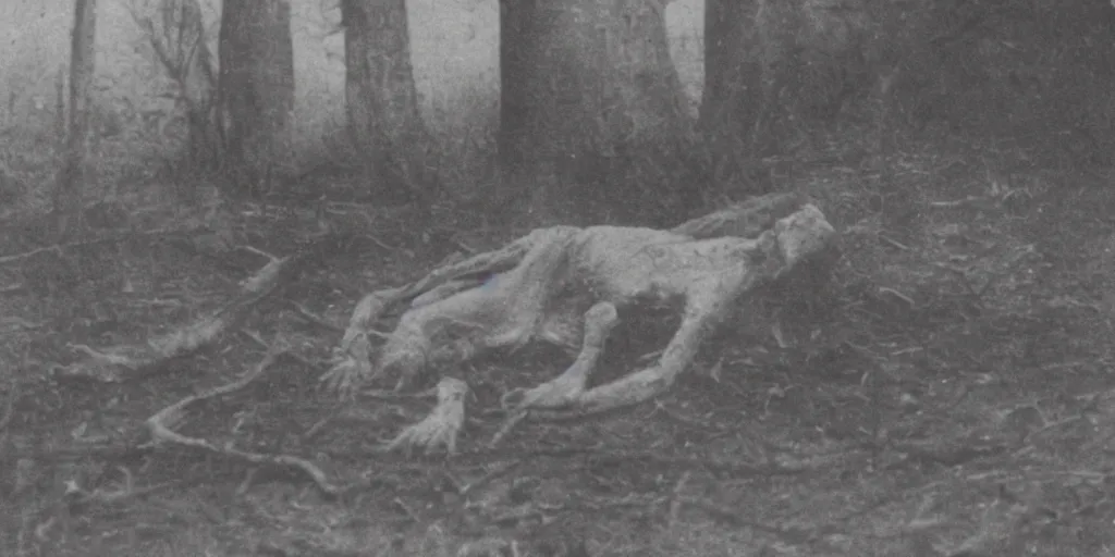 Prompt: scary unproportionable tall ghost creature crawling around, 1900s picture