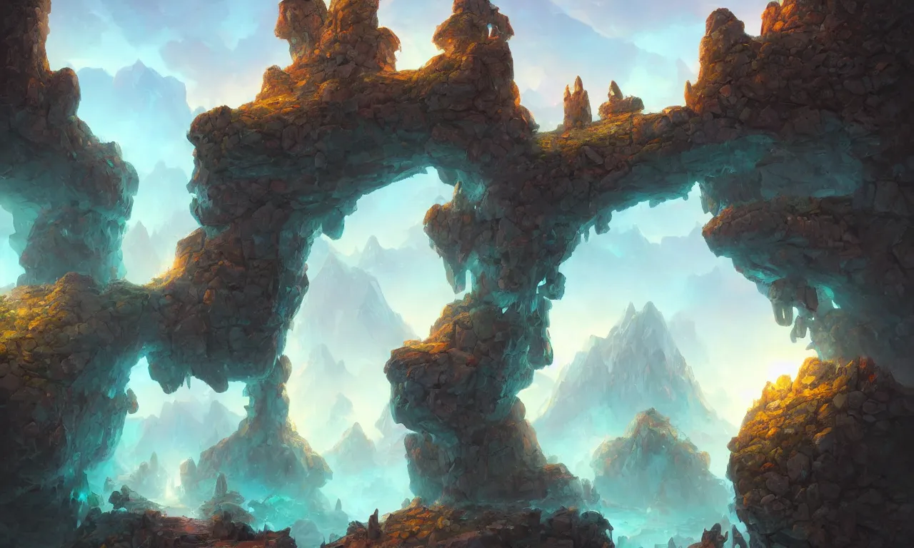 Prompt: Mounts runa stone altar, glow stone rock portal between mountains, trending on artstation, 30mm, by Tyler Edlin, by Noah Bradley