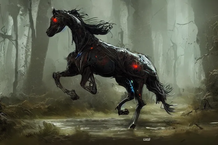 Image similar to a cyborg horse running through a swamp, concept art, artstation