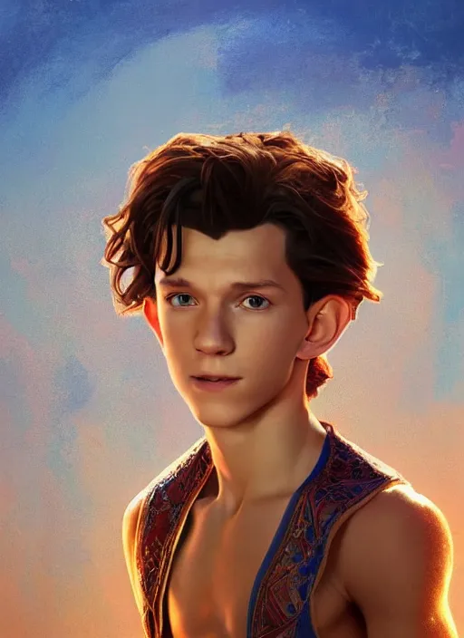 Image similar to skinny young tom holland as aladdin in the sultan's palace, dynamic lighting, path traced, atmospheric, highly detailed, high quality, beautiful painting, octane render, don bluth, ross tran, studio ghibli, alphonse mucha, jama jurabaev, extremely detailed, brush strokes, artstation, artgerm