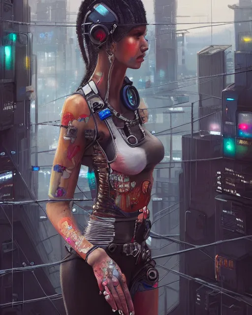 Image similar to realistic female artist painting on a canvas on the rooftop of a cyberpunk city, artstation trends, sci fi concept art, highly detailed, intricate, sharp focus, digital art, 8 k,